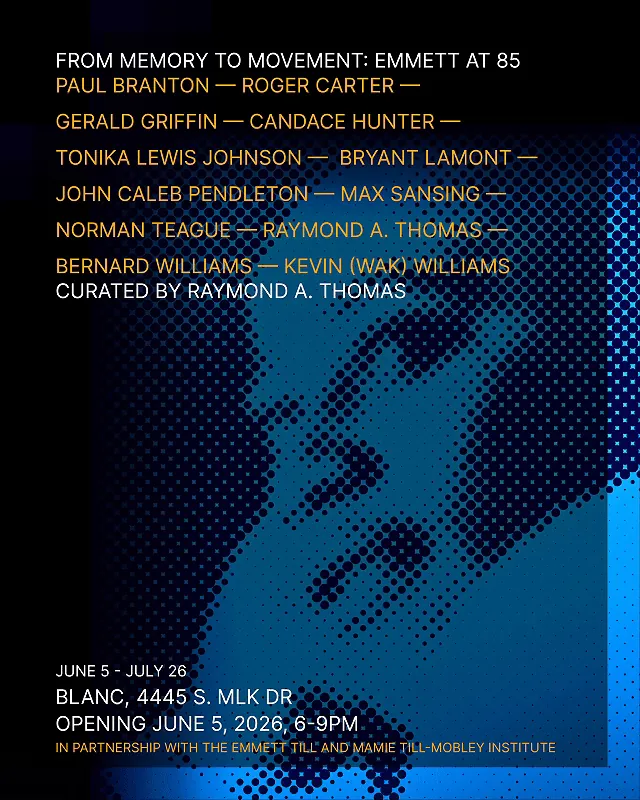 Poster for From Memory to Movement: Emmett at 85, a halftone portrait of Emmett Till in electric blue.