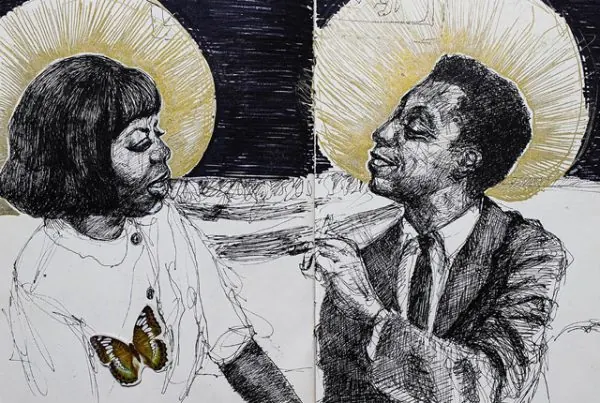 Ink drawing of James Baldwin and a woman crowned with gold halos.