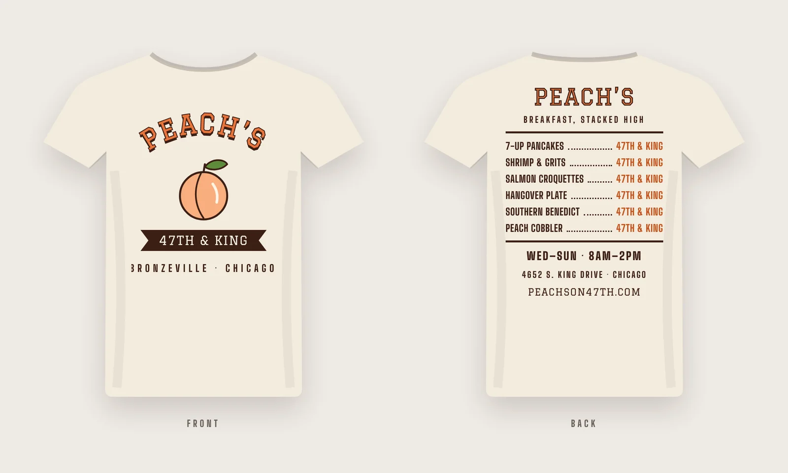 Cream tee, front: varsity-arched Peach’s over a peach and a 47th & King ribbon; back: the menu listed like a team roster with hours and address