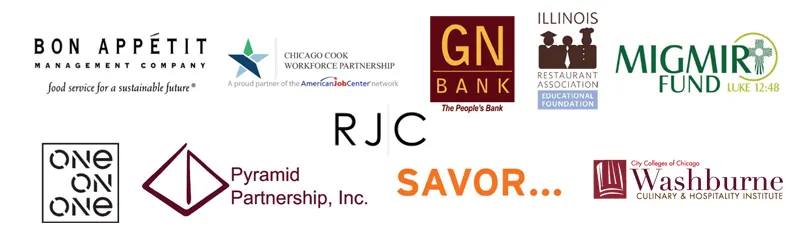 Sponsor logos: Bon Appétit Management Company, Chicago Cook Workforce Partnership, GN Bank, Illinois Restaurant Association Educational Foundation, MIGMIR Fund, RJC, One On One, Pyramid Partnership Inc., SAVOR, and City Colleges of Chicago Washburne Culinary & Hospitality Institute