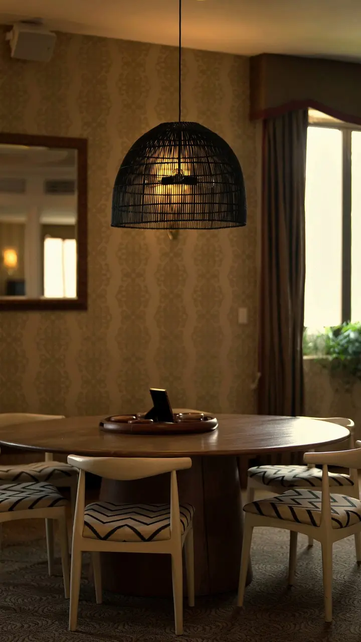 A round meeting table under a woven pendant lamp, with patterned wallpaper